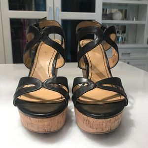 Nine West black leather wedge sandals